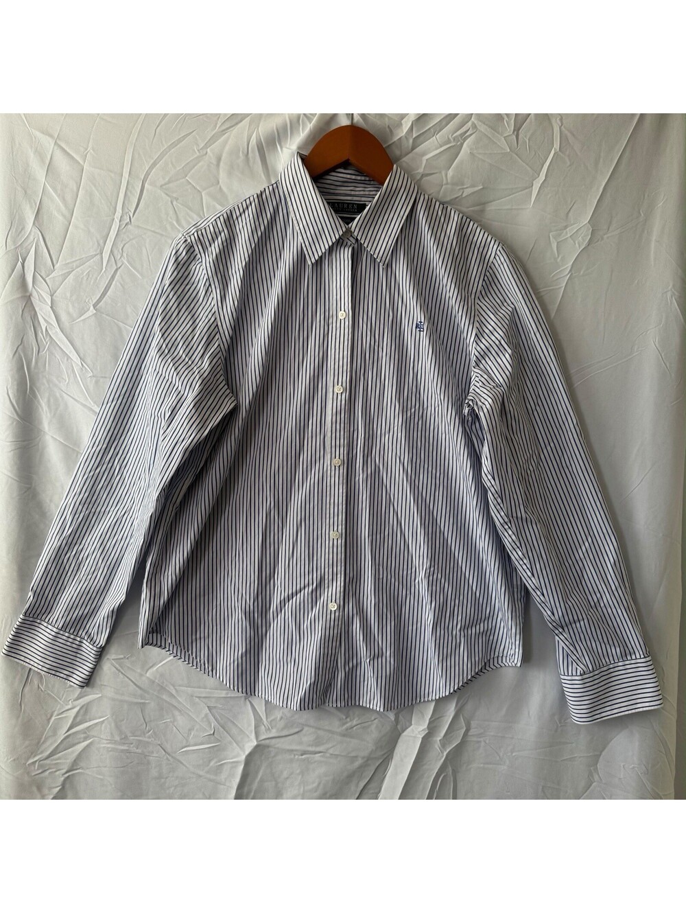 Lauren Ralph Lauren Shirt L Blue White Stripe Non-Iron Button Down RL Logo
